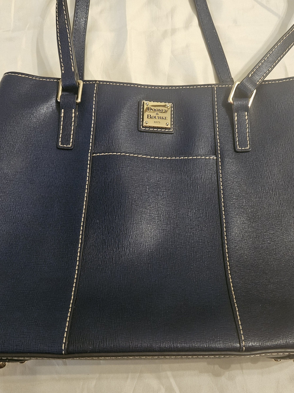 Dooney & Bourke Navy Blue Leather Lexington Tote with Contrast Stitching